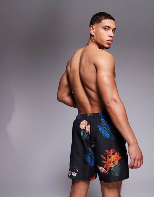 ASOS DESIGN badshorts i medellängd med blommönster i svart - Image 3