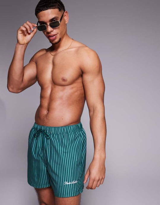 ASOS DESIGN badshorts i kort längd i grön rand med placeringstryck - Image 1