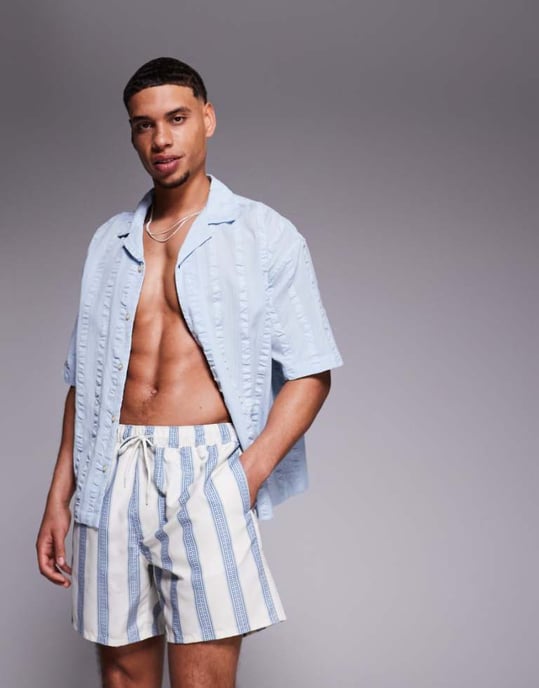 ASOS DESIGN badshorts i mellanlängd i blå randig - Image 1
