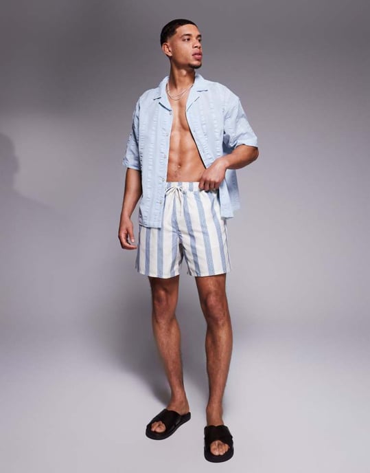 ASOS DESIGN badshorts i mellanlängd i blå randig - Image 4