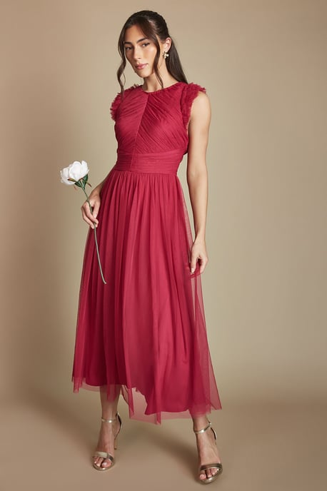 Pleat Bodice Ruffle Mesh Bridesmaid Midi Dress - Image 1