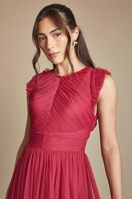 Pleat Bodice Ruffle Mesh Bridesmaid Midi Dress - Image 2