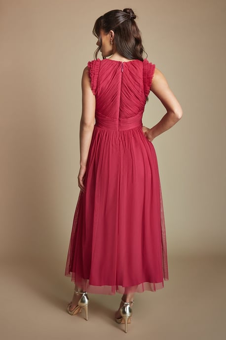 Pleat Bodice Ruffle Mesh Bridesmaid Midi Dress - Image 3