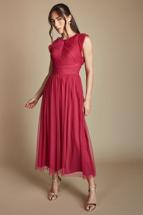 Pleat Bodice Ruffle Mesh Bridesmaid Midi Dress - Image 4