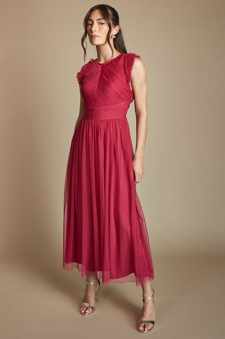 Pleat Bodice Ruffle Mesh Bridesmaid Midi Dress - Image 5