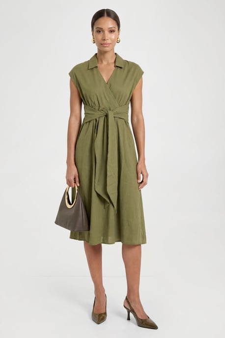Petite Linen Blend Belted Midi Dress - Image 1