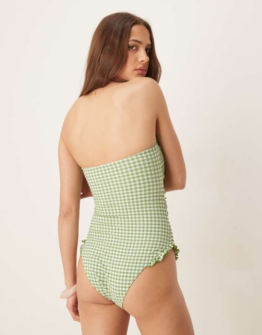 ASOS DESIGN Dorothy cut out bandeau baddräkt grön rutigt - Image 2