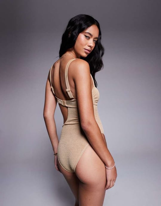 ASOS DESIGN Eloise texturerad baddräkt med utskärning och raffia-detaljer i beige - Image 2