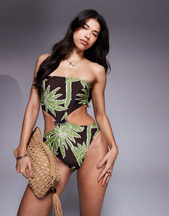 ASOS DESIGN Vida bandeau baddräkt med detaljer i palmtryck - Image 4