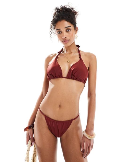 Miss Selfridge mixa och matcha tunna band sidobikiniunderdel i vinröd - Image 1