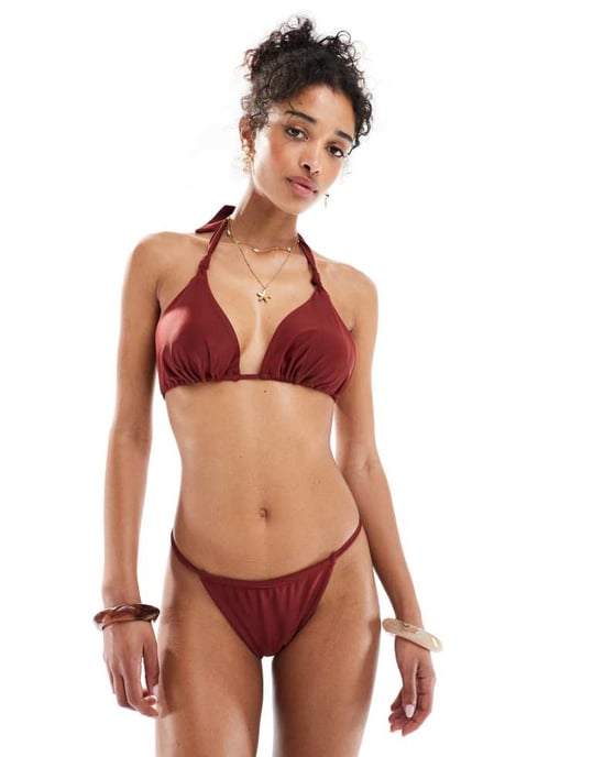 Miss Selfridge mixa och matcha tunna band sidobikiniunderdel i vinröd - Image 4