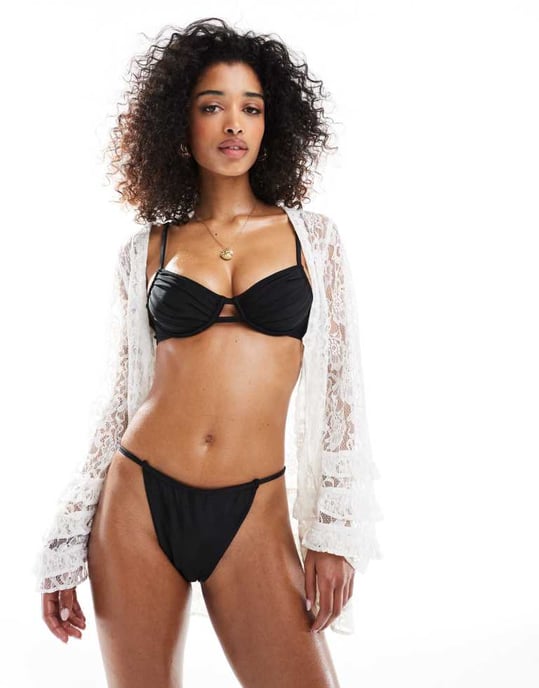 Miss Selfridge mixa och matcha tunna band sida bikiniunderdel i svart - Image 2