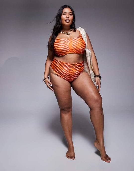 ASOS DESIGN Curve Charlie hög midja bikiniunderdel i orange djurmönster - Image 4