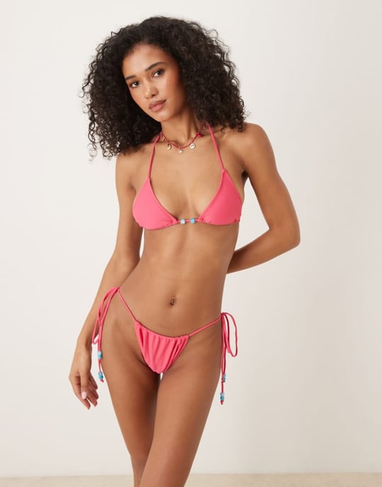 Motel leyna knyt-sida rynkad bikiniunderdel i fuchsia - Image 1