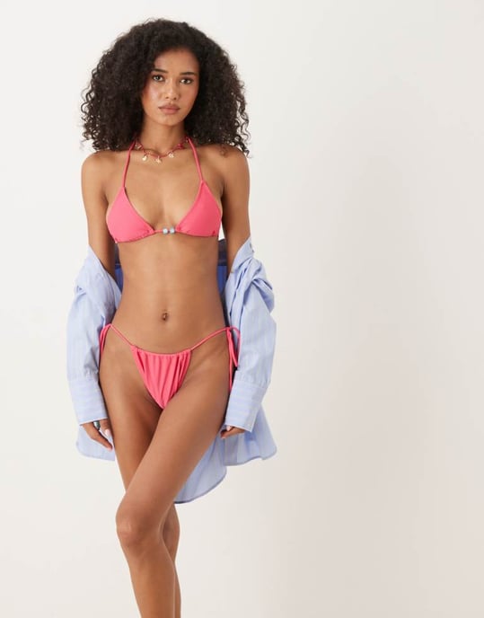 Motel leyna knyt-sida rynkad bikiniunderdel i fuchsia - Image 4