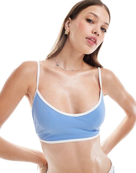 ASOS DESIGN contrast binding hidden underwire crop bikini in dusty blue - Image 1