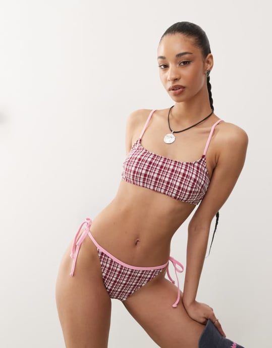 Återvunnen vintage bralette bikiniöverdel i rosa rutigt seersucker - Image 4