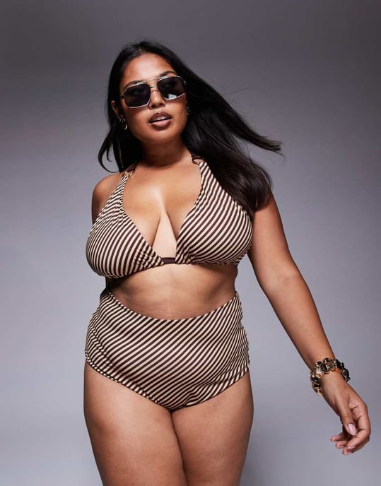 ASOS DESIGN Curve Vivienne bikiniöverdel med chokladstripes och guldkrokar - Image 4