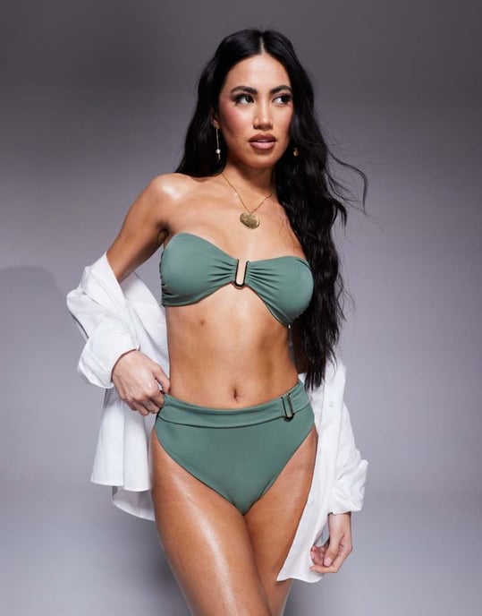 ASOS DESIGN Ella bandeau bikinitopp med guldtrim framtill i khaki - Image 4