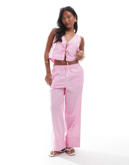 ONLY Petite knyt-front topp set i rosa rutigt - Image 2