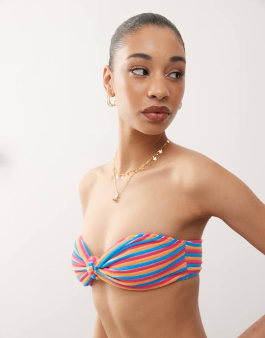 Återvunnen vintage bandeau-top i röd frottérandig - Image 2