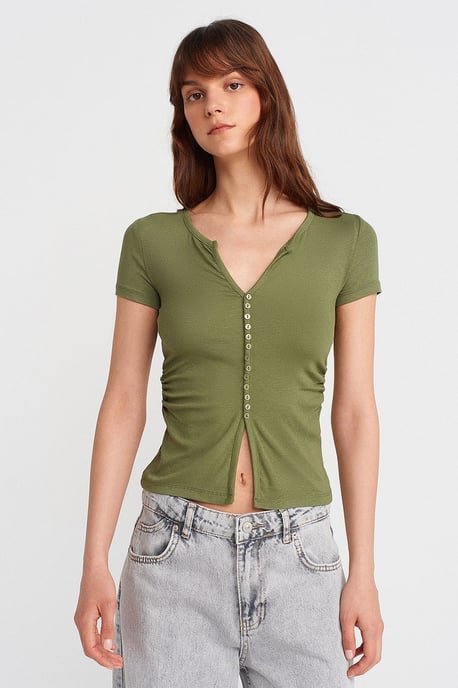 Slim Fit V-Neck Button Blouse - Image 1