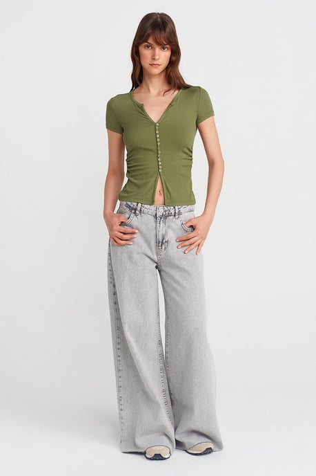 Slim Fit V-Neck Button Blouse - Image 4