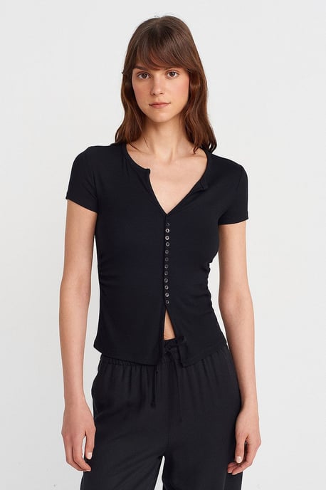 Slim Fit V-Neck Button Blouse - Image 1