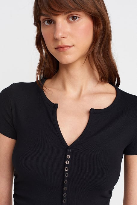 Slim Fit V-Neck Button Blouse - Image 3