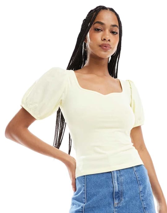 ASOS DESIGN poplinblandning puffärm sweetheart topp i buttermilk gul - Image 1