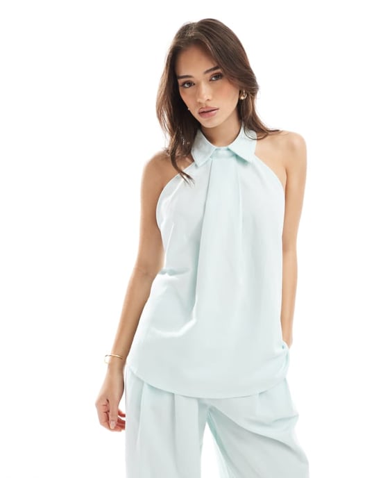 ASOS DESIGN halterneck topp med kragsdetalj i blått set - Image 1
