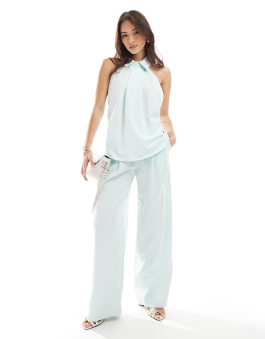 ASOS DESIGN halterneck topp med kragsdetalj i blått set - Image 2