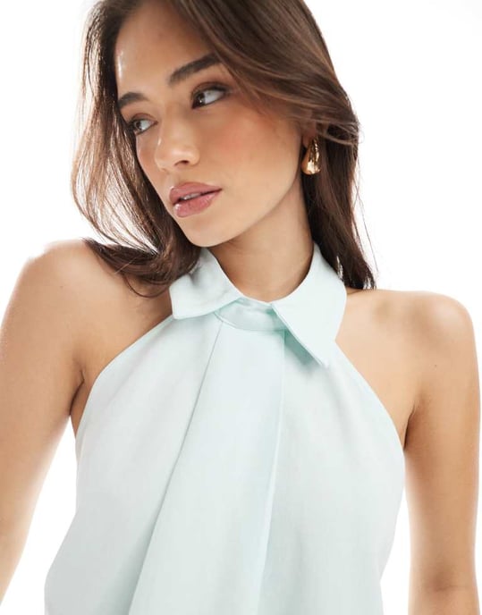 ASOS DESIGN halterneck topp med kragsdetalj i blått set - Image 3