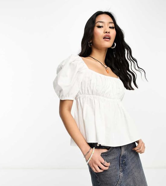 COLLUSION square neck puff sleeve crop blouse in white - Image 1