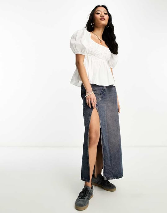COLLUSION square neck puff sleeve crop blouse in white - Image 2