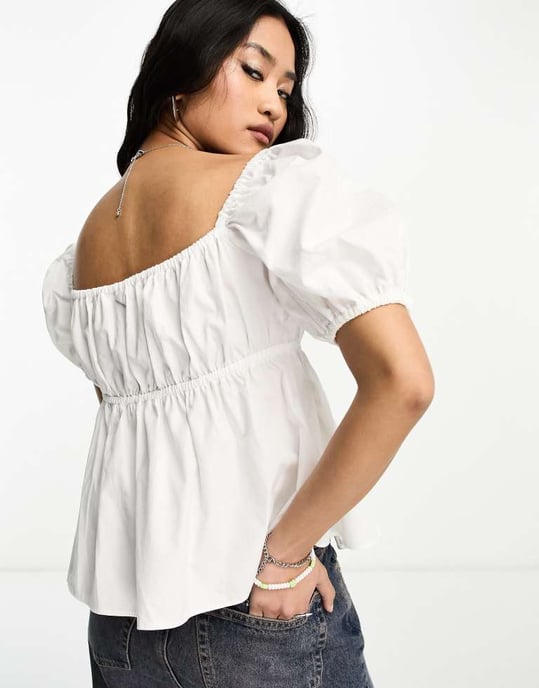 COLLUSION square neck puff sleeve crop blouse in white - Image 3