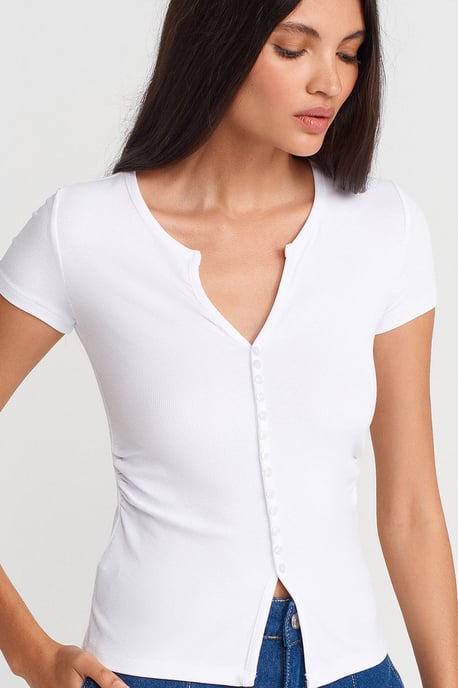 Slim Fit V-Neck Button Blouse - Image 3