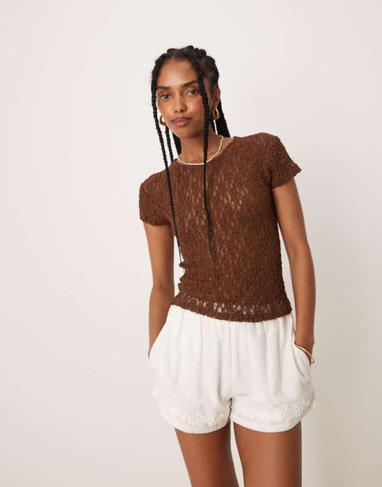 ASOS DESIGN spetskortärmad babytee i brun - Image 1