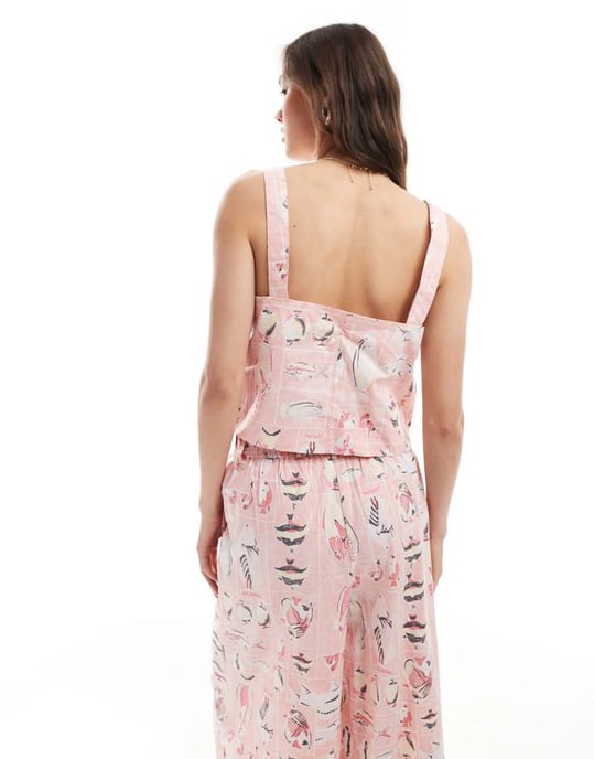 Objekt vintage tvättad bomulls cropped topp co-ord i rosa fisktryck - Image 3