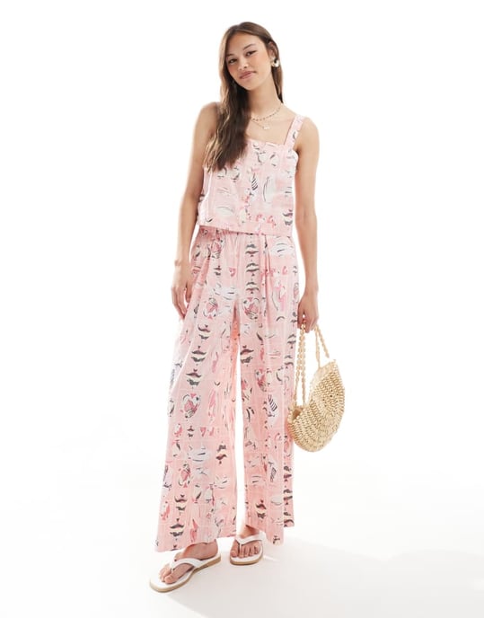 Objekt vintage tvättad bomulls cropped topp co-ord i rosa fisktryck - Image 4