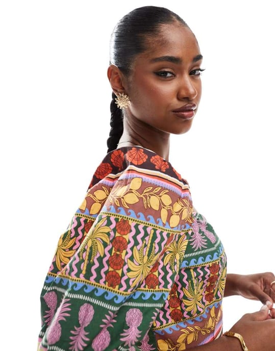 Vero Moda tropisk sommartryckt puffärmad crop top i flerfärgad samordning - Image 2