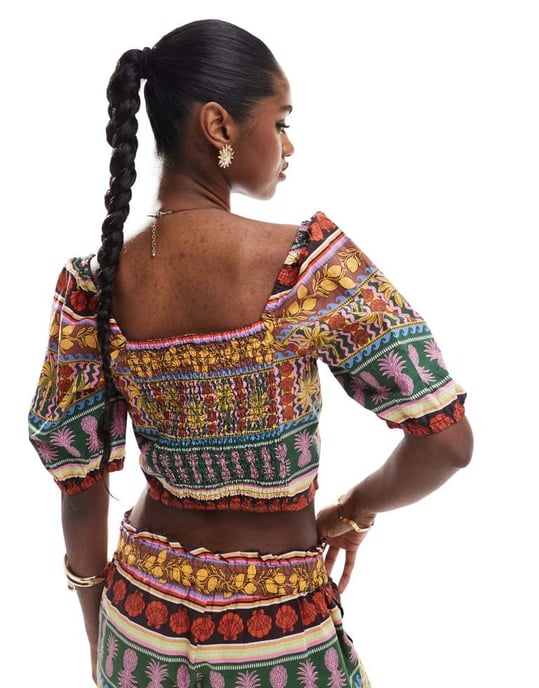 Vero Moda tropisk sommartryckt puffärmad crop top i flerfärgad samordning - Image 4