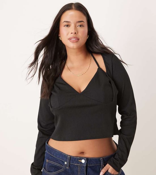 ASOS DESIGN Curve ribbad halterneck långärmad topp i svart - Image 1