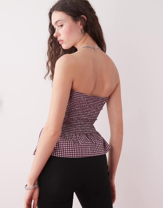 Motel soter knapp genom rutigt bandeau-top i vinröd - Image 4