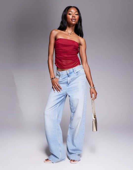 ASOS DESIGN rynkad mesh bandeau topp i vinröd - Image 3