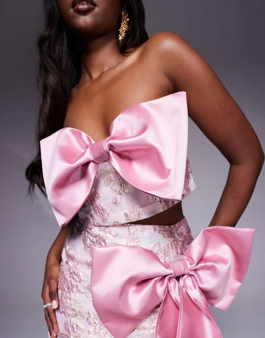 ASOS LUXE samordnad jacquard korsettopp med satängrosett i rosa blommönster - Image 3