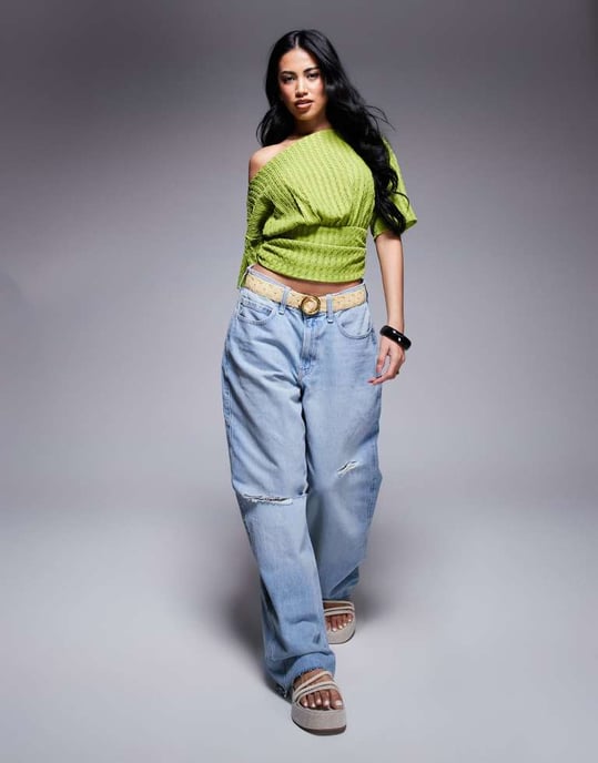 ASOS DESIGN asymmetrisk top med en axel och kort ärm i textur med detaljerad midja i grönt - Image 3