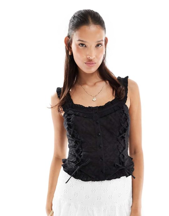 Miss Selfridge bomull broderad korsett topp i SVART - Image 1