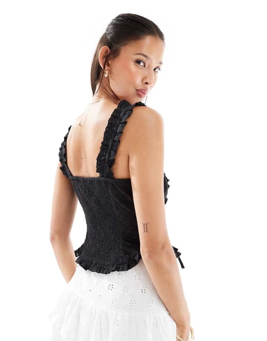 Miss Selfridge bomull broderad korsett topp i SVART - Image 3