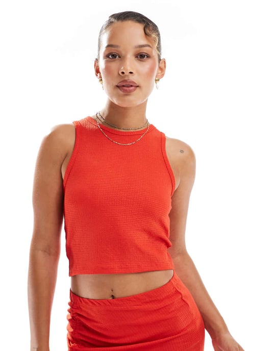 Vero Moda texturerad jersey strandkort topp koord i röd - Image 1